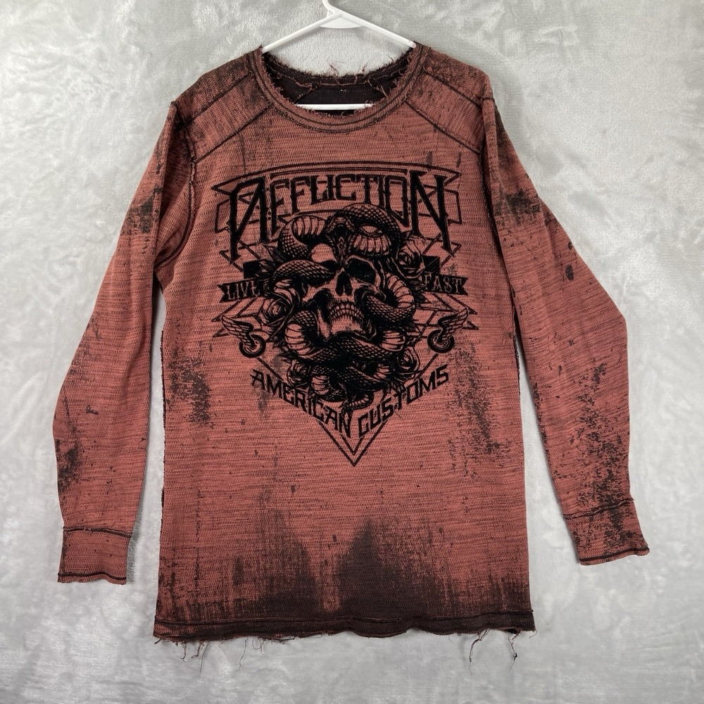 Affliction Shirt men's XL Distressed Thermal Pullover Graphic Grunge Skull Y2K